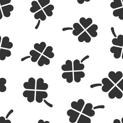 Fototapeta na wymiar Four leaf clover icon in flat style. St Patricks Day vector illustration on white isolated background. Flower shape seamless pattern business concept.