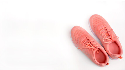 Pink running shoes on a white background with side space for design and text. Sport and fitness concept. View from above.
