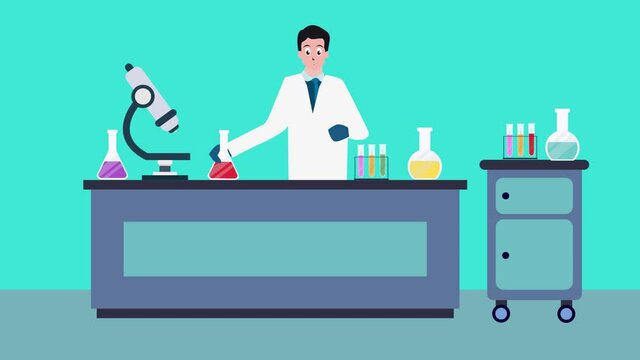 Male scientist animation doing an experiment in lab