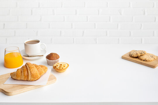 Set of breakfast food or bakery and coffee on table kitchen background.cooking and eating with healthy, morning lifestyle