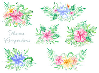 Fototapeta na wymiar Watercolor bouqet with tropical flowers, leaves. Hawaiian exotic illustrations for greeting card, wedding, wallpaper