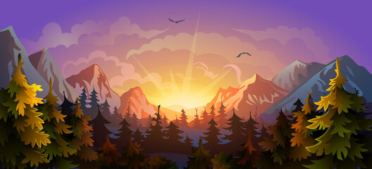Sunset in the forest. Silhouette of trees and mountains on the background of the sun.