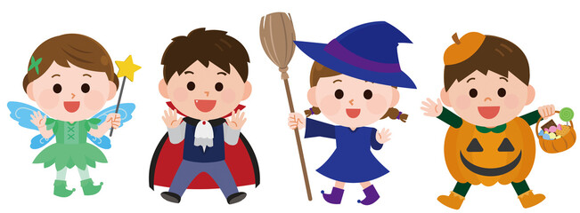子供たち　仮装　ハロウィンパーティ　イラスト