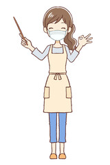 指し棒をもって説明するエプロン女性 マスク着用