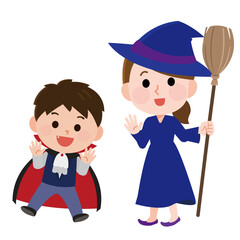 男の子と母親　仮装　ハロウィンパーティ　イラスト