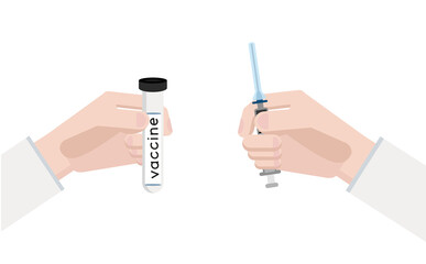 Vector illustration.Isolated on white background. Doctor holding a test tube with vaccine in one hand and a syringe in another. 