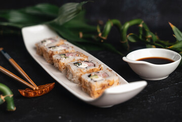 japanese cuisine grilled chicken and rice. Sushi lie on white plate. Bamboo branches on black background. View point. For restaurant cover menu