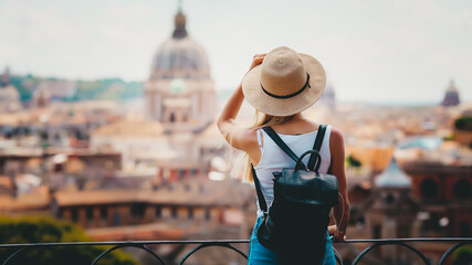 Rome Europe Italia travel summer tourism holiday vacation background -young smiling girl with...