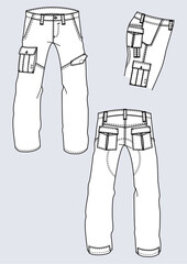 Pantaloni cargo uomo baggy disegno piatto sketch fashion illustration fronte e retro mock up vettoriale