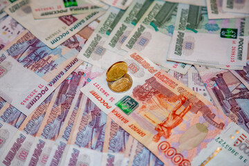 Modern cash Russian rubles. Paper bills laid out on the table