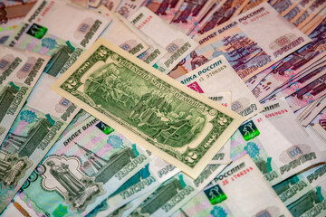 Modern cash Russian rubles. Paper bills laid out on the table