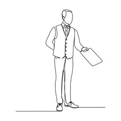 A young waiter servant offering menus to its customers. Continuous single line illustration drawing vector