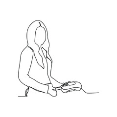 A young waitress, holding credit card and the payment terminal. Continuous single line illustration drawing vector
