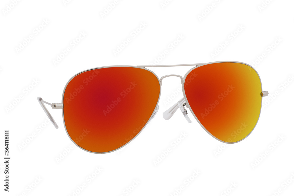 Wall mural sunglasses with a silver frame and red lens isolated on white background.