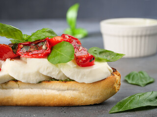 Sandwich with mozzarella cheese and sun-dried tomatoes.