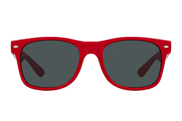Sunglasses with a red plastic frame and black lenses isolated on white background.
