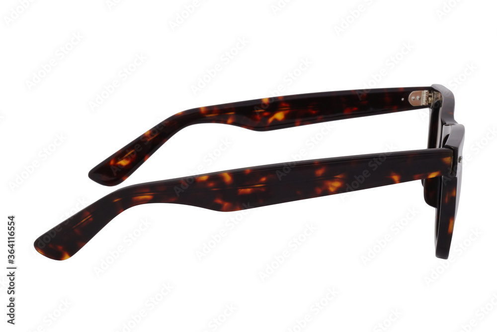 Sticker Sunglasses with a black-brown plastic frame and brown lenses isolated on white background.