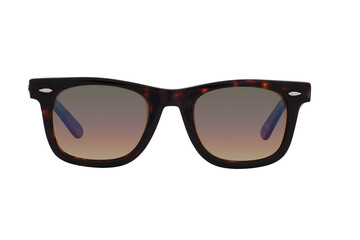 Sunglasses with a black-brown plastic frame and brown lenses isolated on white background.
