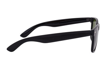 Sunglasses with a black plastic frame and green lenses isolated on white background.
