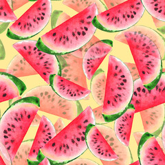 Watercolor watermelon slice fruit berry seamless pattern texture background