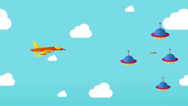 Fighter aircraft animation firing at flying spaceships