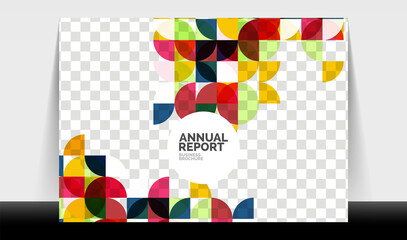 Horizontal A4 business flyer annual report template, circles and triangle style shapes modern geometric design for brochure layout, magazine or booklet
