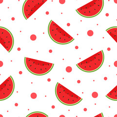 Seamless vector pattern Bright red watermelon on polka dot background Hand drawn in cartoon style