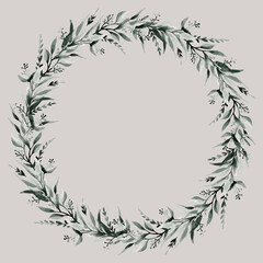 Botanical wreath. Flowers, leaves and branches in round frame. Vintage design for logo, wedding invitations, postcards, stickers and textile. White isolated background. Paper texture. Watercolor.