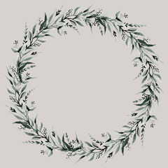 Botanical wreath. Flowers, leaves and branches in round frame. Vintage design for logo, wedding invitations, postcards, stickers and textile. White isolated background. Paper texture. Watercolor.
