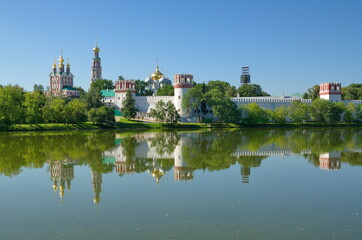 Summer view of the Novodevichy monastery and the Big Novodevichy pond. Moscow, Russia