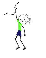 Simple illustration of scared climber hang by hand on rock. Green shirt, blue shorts. Isolated on white background. 