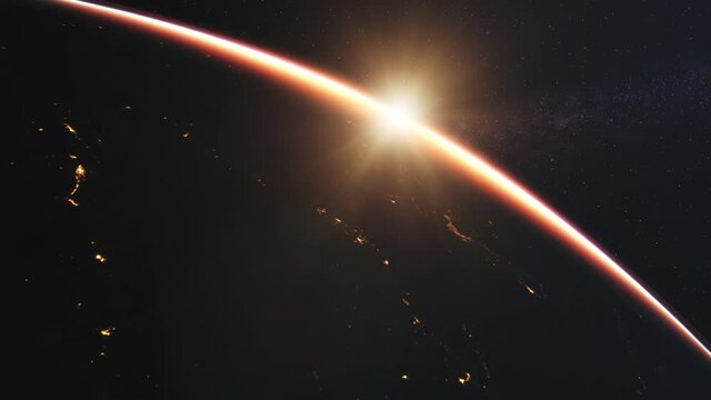Beautiful Sunrise over Earth. Realistic earth with night lights from space. High quality 3d animation. Elements of this image furnished by NASA.