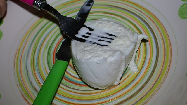 Dinner time at home with the family. Mozzarella, a typical Italian product, served on a colorful plate.