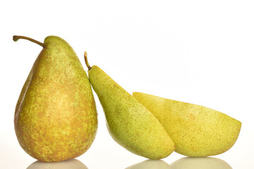 Ripe sweet green pears, close-up, isolated on white.