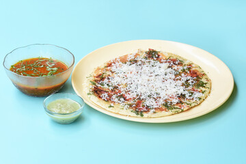 South Indian Food Uttapam Also Known As ooththappam, Rava Uttapam, Uttapa or Uthappa is a Popular South Indian Delicious Spicy Breakfast Snack Served with Coconut Chutney and Sambar