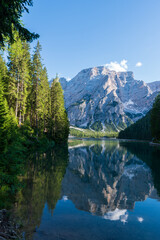 Fototapeta na wymiar Amazing view of Braies Lake (Lago Di Braies, Pragser Wildsee) in Northern Italy.