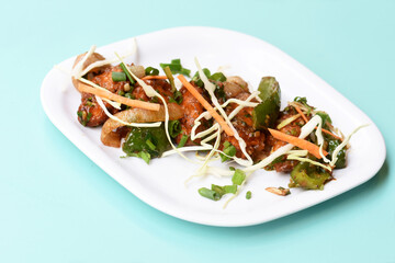 Chilli paneer or Spicy cottage cheese, Garnish with capsicum, onion,cabbage and spring onion, favourite indian starter menu, served in white Dish,selective focus