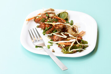 Chilli paneer or Spicy cottage cheese, Garnish with capsicum, onion,cabbage and spring onion, favourite indian starter menu, served in white Dish,selective focus