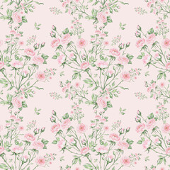 Seamless pattern of bouquets of roses drawn by pencil and paints on paper