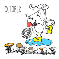 Сute illustration for autumn greeting card vector, mouse with umbrella, basket with mushrooms in October, September. Drawing, sketch, freehand drawing, for invitations, ads, for a month's calendar, gr