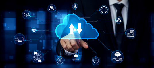 Cloud computing technology and online data storage for business network concept. Computer connects to internet server service for cloud data transfer presented in 3D futuristic graphic interface.