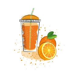 Orange juice, smoothies, cocktail in a glass with a straw. An orange whole and half. Vector illustration made in the style of hand drawing