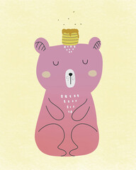 Pink Bear sitting, has a jar of honey on head