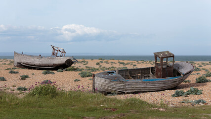 Two abandoned fishing boats on Dungeness beach