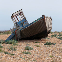 An abandoned fishing boat on Dungeness beach