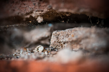 Old broken red brick wall in close-up