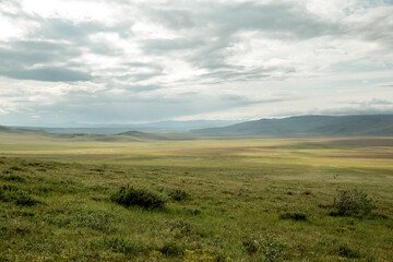 Amazing view of Altai mountain. Background of a steppe at the plateau Ukok. Russian adventures. Mountain hiking in the Altai republic. Active holiday with family and friends. Image with noise effect.