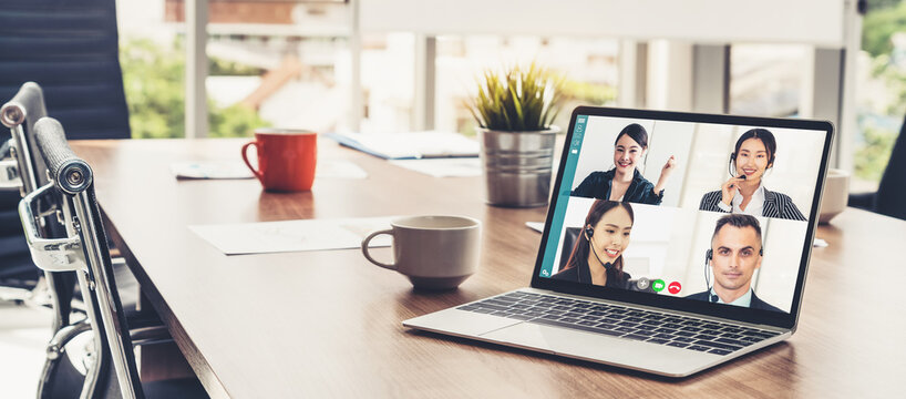 Video call business people meeting on virtual workplace or remote office. Telework conference call using smart video technology to communicate colleague in professional corporate business.