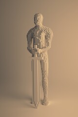 A blocky 3d illustration, a statue of a man with a sword.