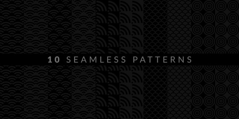 Dark Black And Grey Ten Abstract Geometric Patterns Set. Vector illustration